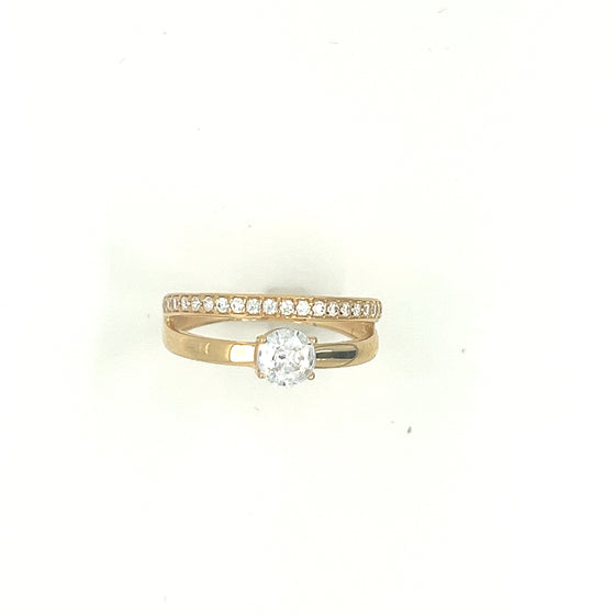 Anel de Ouro 18k Modelo Solitario com Meia Alianca com Zirconias 2 em 1 - Ricca Jewelry