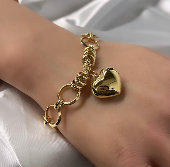 Pulseira de Ouro 18k com Elos Grandes e Pingente de Coração - Ricca Jewelry