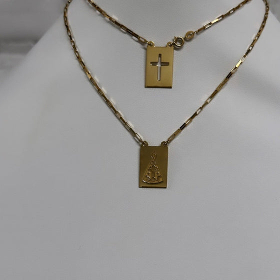 Escapulario de Ouro 18k Modelo Nsa Senhora e Placa com Cruz Vazada com Corrente Veneziana Alongada 60cm - Ricca Jewelry