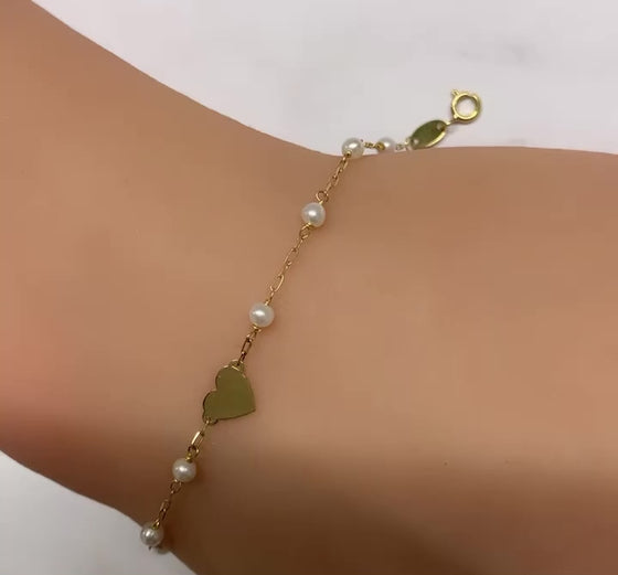 Pulseira Infantil em Ouro 18k com Pérolas e Coração / Child's Bracelet in 18k Gold with Pearls and Central Heart