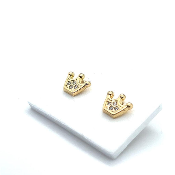 Brincos em Ouro 18k com Tarrachas de Rosca - Modelo Coroa com Zircônias / 18k Gold Earrings with Screw-Back Fastenings - Crown Design with Zirconias - Ricca Jewelry