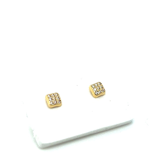 Brincos em Ouro 18k Quadrados com Zircônias e Tarrachas de Rosca / 18k Gold Square Earrings with Zirconias and Screw-Back Fastenings - Ricca Jewelry