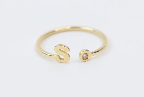 18K Yellow Gold Letter & CZ Adjustable Ring - Ricca Jewelry