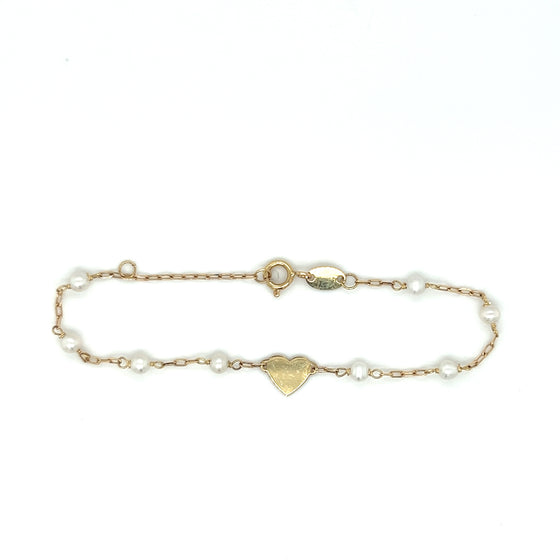 Pulseira Infantil em Ouro 18k com Pérolas e Coração / Child's Bracelet in 18k Gold with Pearls and Central Heart - Ricca Jewelry