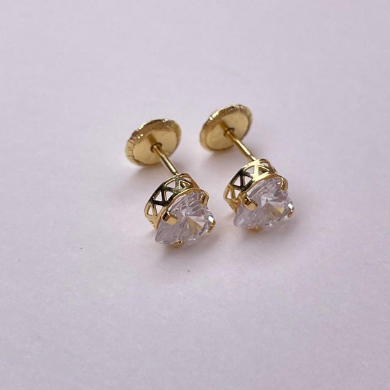 Detalhes do Produto Brincos de ouro 18k com pedra zircônia formato coração 5mm e tarraxas de rosca - Ricca Jewelry
