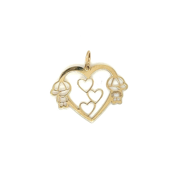 Pingente em Ouro 18k Coração Vazado com 2 Meninos / 18k Gold Hollow Heart Pendant with 2 Boys - Ricca Jewelry