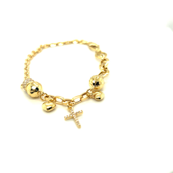 Pulseira de Ouro 18k Mista com Pingentes de Cruz e Coração / 18k Mixed Gold Bracelet with Cross and Heart Pendant - Ricca Jewelry